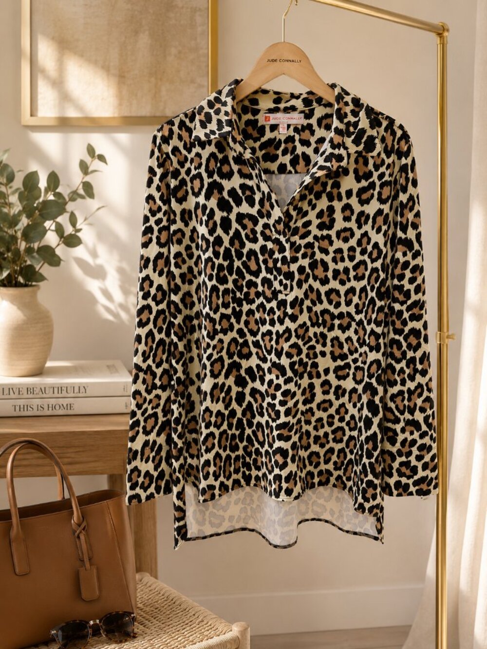 Jude Connally Leopard Print High-Low Pullover Top | Size L | NWOT | Made in USA